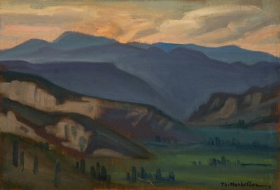 Panorama from Velo, Mountains at Sunset — Oil painting, Canvas, 38.00×55.00cm — Theodoros Markellos